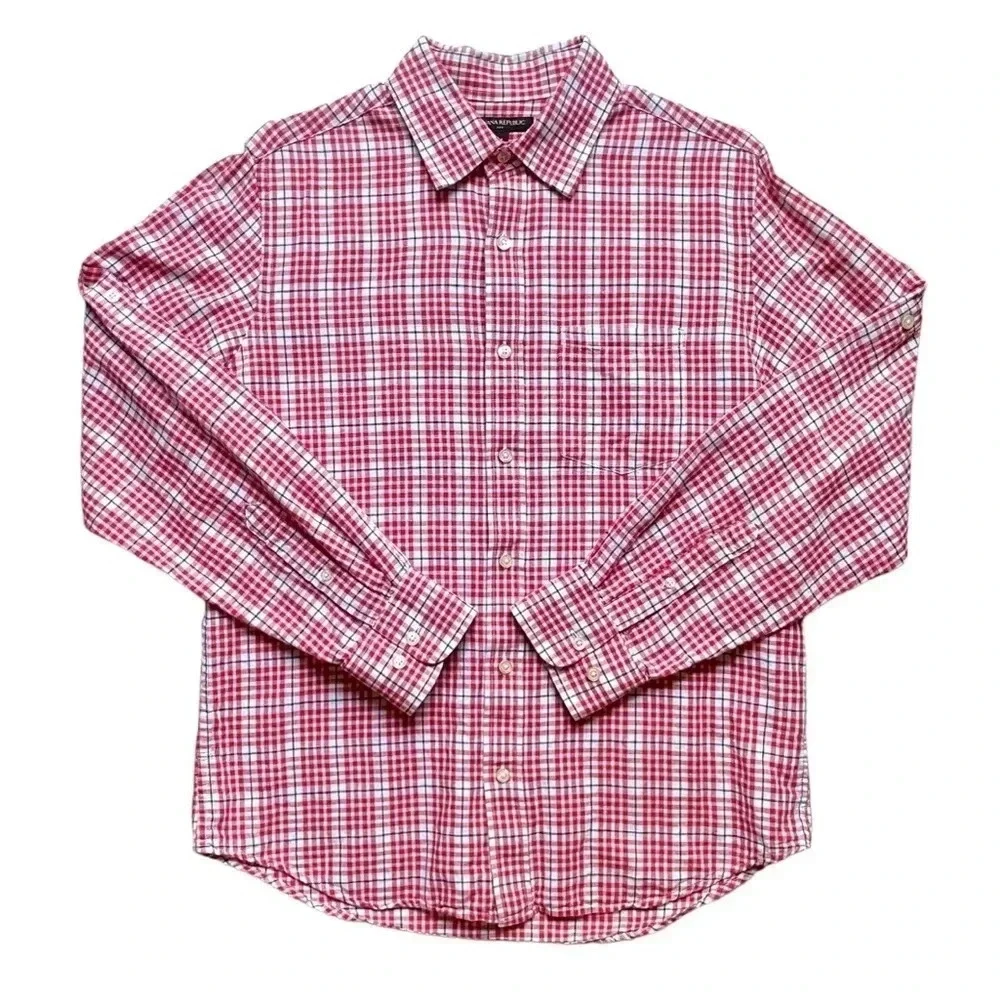 Banana Republic Gingham Linen Blend Button Up Shirt Men’s Medium